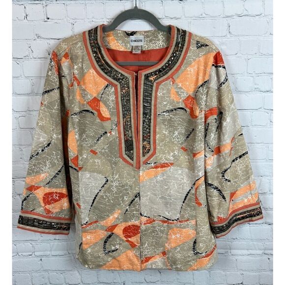 CHICO'S cotton beaded lined 3/4 sleeve jacket blazer size 3 16/18 XL - Picture 1 of 9